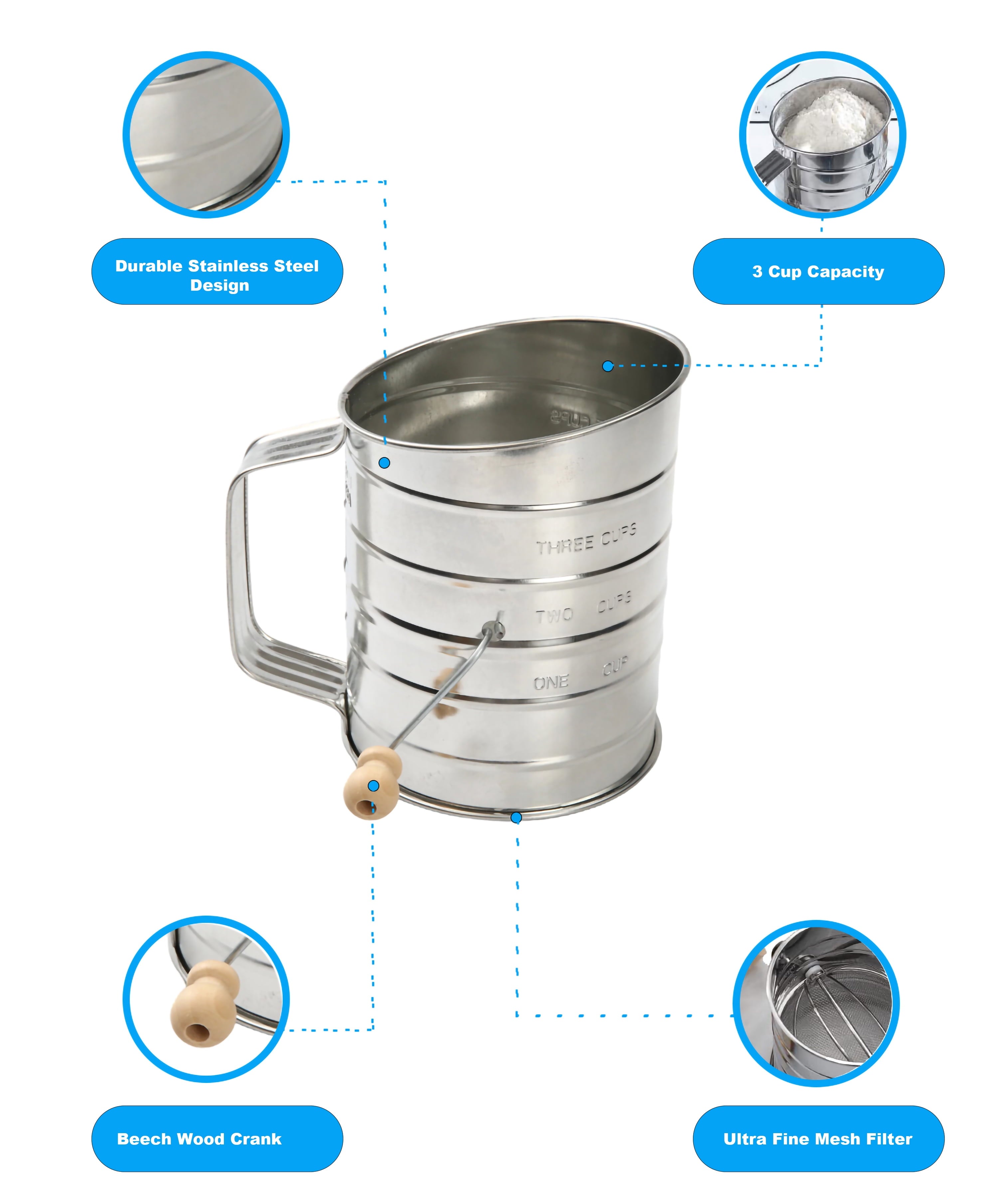 Mainstays Stainless Steel 3 Cup Flour Hand-Crank Sifter with Beechwood Handle Silver - Image 4